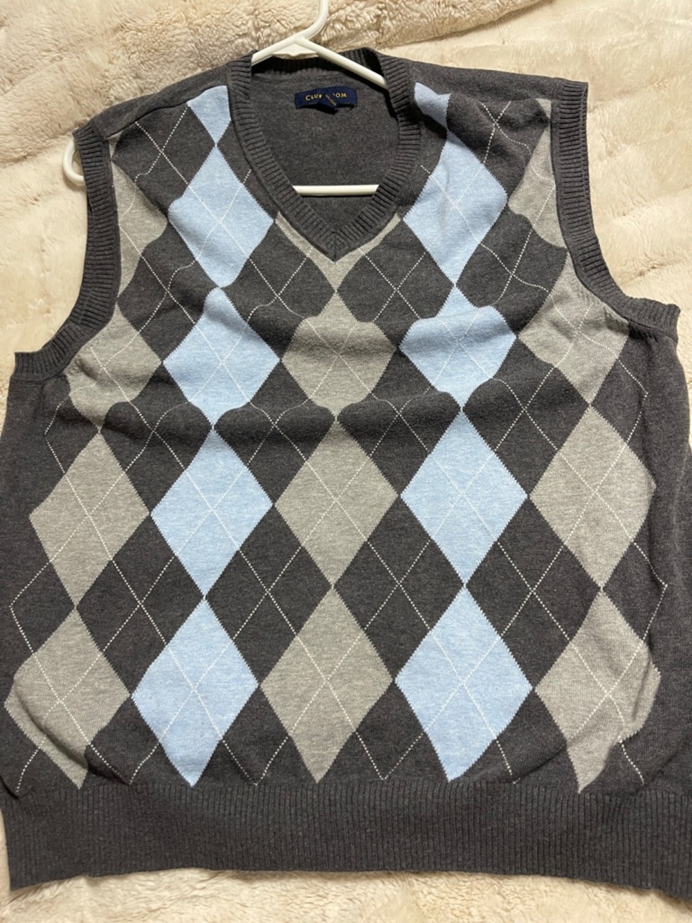 Club Room Gray and Light Blue Argyle V‑Neck Sweater Vest